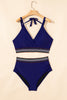Navy Blue Embroidered Trim Wrap Tie Knot Plus Size High Waisted Bikini