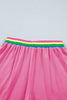 Bright Pink Seam Detail Raw Edge Tee Rainbow Waistband Casual Short Set