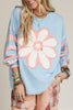 Beau Blue Big Flower Patch Drop Shoulder Striped Long Sleeve Top