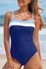 Navy Blue Color Block Detail Adjustable Straps One Piece Swimsuit