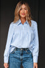 Sky Blue Stripe Shirred Detail Half Placket Collared Long Sleeve Fall Shirt