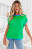 Green Contrast Trim Round Neck Short Sleeve Loose Knit Sweater