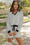 Black Stripe Collared Long Sleeve Top and Drawstring Shorts Set