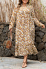 Khaki Abstract Plant Print Loose Plus Size Long Dress