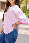 Black White Striped Patchwork 3/4 Sleeve Oversize Top