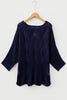 Navy Blue Hollow Out Knit 7/8 Sleeve Casual Sweater