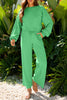 Bright Green Drop Shoulder Puff Sleeve Crop Pullover Drawstring Wide Leg Pants Set