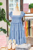 Sky Blue Floral Print Square Neck Flutter Sleeve Smocked Tiered Mini Dress