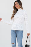 White Flower Lace See Through Mock Neck Long Sleeve Top