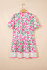 Multicolour Sweet Floral Print Striped Color Block Trim Short Dress