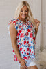 Red Flowers Pintuck Detail V-Neck Ruffled Sleeve Top