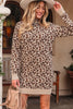 Khaki Leopard Print High Neck Shift Mini Sweater Dress