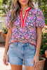 Purple Ditsy Floral Print Plaid Colorblock Trim V Neck Blouse