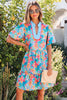Multicolour Floral Print Contrast Scallop Striped Trim V Neck Dress