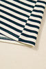 Navy Blue Striped Print Contrast Collar Zip V Neck Long Sleeve Top
