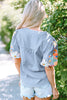 Clearly Aqua Floral Embroidered Puff Sleeve Split Neck Blouse