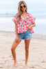Pink Floral Boxy Fit Ruffled Short Sleeve V Neck Blouse