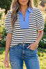 Blue Stripe Short Puff Sleeve Color Block Polo Collar Blouse