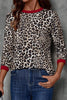 Brown Leopard Print Contrast Trim Round Neck Long Sleeve Top