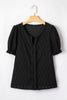 Beau Blue Solid Color Textured Notched Neck Puff Sleeve Blouse