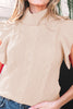 Tomato Red Cable Knit Turtleneck Ruffled Short Sleeve Sweater