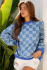 Sky Blue Checkerboard Splicing Raw Detail Oversized Denim Pullover