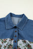 Gray Retro Floral Print Denim Patchwork Buttoned Polo Collar Top