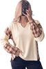Beige Waffle Textured V Neck Plaid Colorblock Drop Shoulder Long Sleeve Top