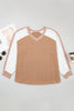 Coffee V Neck Lace Sleeve Patchwork Plus Size Blouse