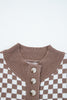 Dark Brown Half Button Ribbed Trim Checkerboard Knit Sweater