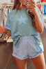 Smoke Green Frayed Denim Star Patched Oversize T Shirt