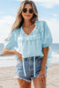 Mist Blue Embroidered Lace Patchwork Tie Neck Puff Short Sleeve Blouse