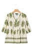 Apricot Floral Print Tie V Neck Button Down Puffy Half Sleeve Shirt