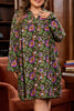 Green Plus Size Floral Print Collared V Neck Loose Mini Dress