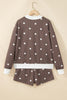 Brown Polka Dot Ribbed Trim Long Sleeve Top Casual Short Set