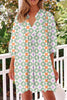 Green Geometric Floral Print 3/4 Sleeve Notched Neck Mini Dress
