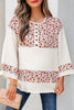 Red Floral Print Gauze Patchwork Henley Button 3/4 Sleeve Blouse