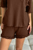 Dark Brown Textured Ribbed Knit Lettuce Trim 2pcs Lounge Set
