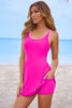 Rose Red Contrast Trim Neckline Active Shorts Attached One Piece Swim Dress