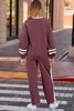 Chestnut Varsity Stripe Patchwork Puff Sleeve Pullover Drawstring Wide Leg Pant Set