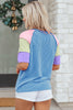 Blue Twisted Ribbed Color Block Patchwork Henley Short Sleeve T Shirt