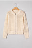 Beige Hollowed Pattern Knit Zip Up Drop Shoulder Sweater Cardigan
