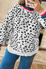 White Leopard Print Colorblock Round Neck Long Sleeve Tunic Plus Size Sweater