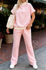 Pink Polka Dot Print Mock Neck Short Sleeve Top Shift Pant Set