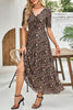 Brown Mesh Leopard Floral Reversible V Neck Short Sleeve Dress