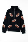 Black Sequin Rugby Football Patched Quarter Zip Textured Sweatshirt