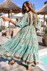 Green Boho Floral Print Lace-up Open Back High Waist Maxi Dress