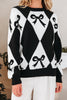 Black Bow Print 2-tone Rhombus Knit Loose Sweater