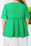 Green Textured Frilled Short Sleeve Plus Size Babydoll Blouse