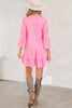 Pink Stripe Flare Sleeve Half Placket Tiered Flowy Mini Dress